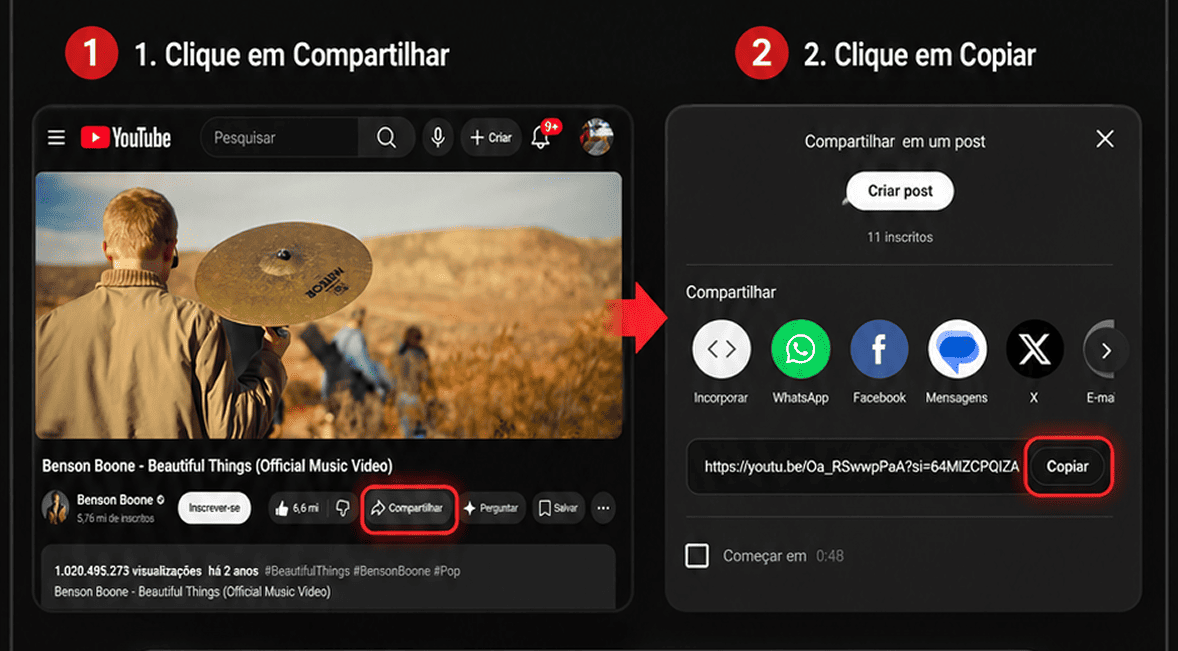 Tutorial desktop: clique em Compartilhar e depois em Copiar
