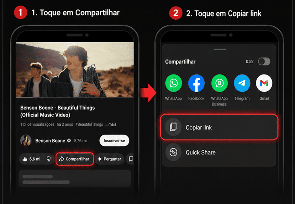 Tutorial mobile: toque em Compartilhar e depois em Copiar link